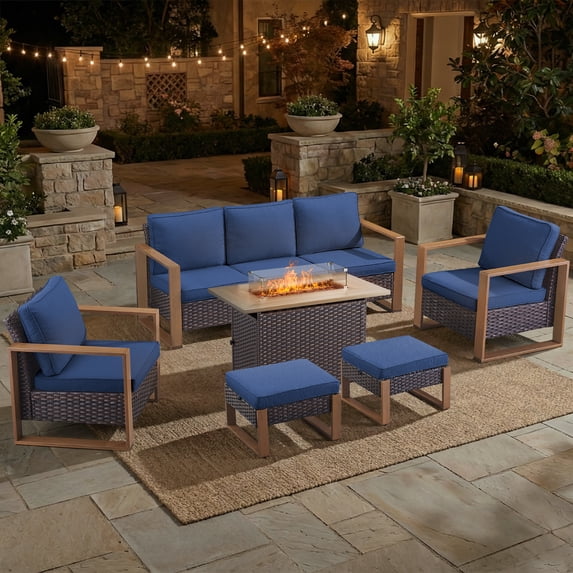 Opohoro 6PCS Outdoor Conversation Set with 43" Wicker Fire Pit Table, Brown Rattan Sofa Set with Lounge Chairs and Ottomans, Blue for Patio Backyard