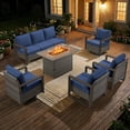thumbnail image 1 of Opohoro 6PCS Outdoor Conversation Set with 43" Wicker Fire Pit Table, Gray Rattan Sofa Set with 4 Patio Chairs, Blue for Patio Backyard, 1 of 13