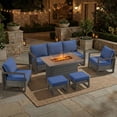 thumbnail image 1 of Opohoro 6PCS Outdoor Conversation Set with 43" Wicker Fire Pit Table, Gray Rattan Sofa Set with Lounge Chairs and Ottomans, Blue for Patio Backyard, 1 of 13
