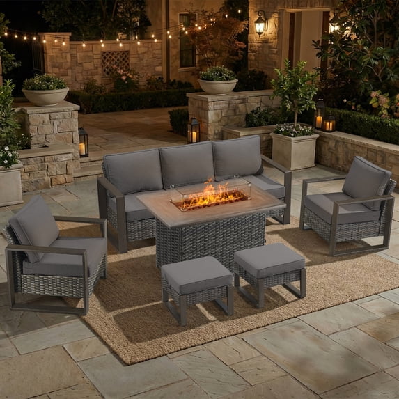 Opohoro 6PCS Outdoor Conversation Set with 43" Wicker Fire Pit Table, Gray Rattan Sofa Set with Lounge Chairs and Ottomans, Gray for Patio Backyard
