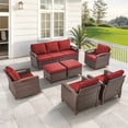thumbnail image 1 of Opohoro 7-Piece Outdoor Conversation Set with Deep Seet Patio Sofa, Wicker Chairs and Ottomans, Red, 1 of 11