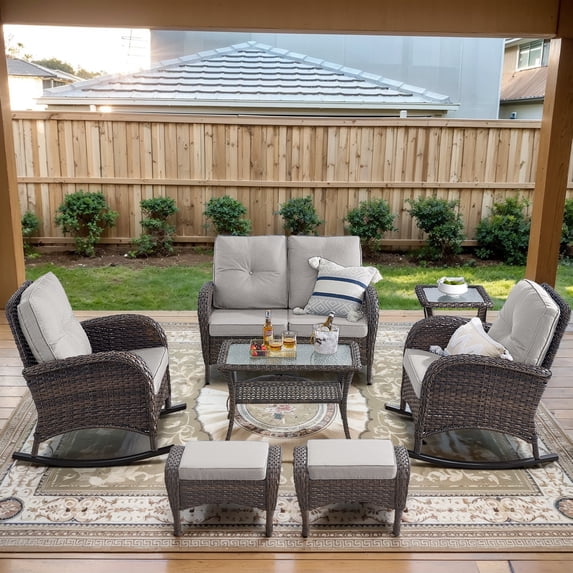 Opohoro 7-Piece Outdoor Conversation Set with Glider Chairs, Patio Loveseat and Ottomans, Coffee & Side Tables, Brown/Beige