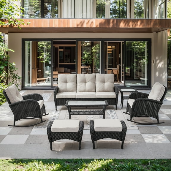 Opohoro 7-Piece Outdoor Conversation Set with Glider Chairs, Patio Sofa and Ottomans, Coffee & Side Tables, Black/Beige