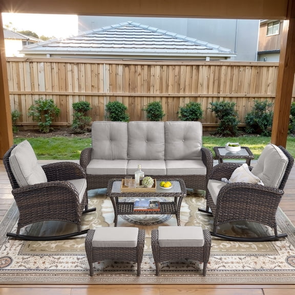 Opohoro 7-Piece Outdoor Conversation Set with Glider Chairs, Patio Sofa and Ottomans, Coffee & Side Tables, Brown/Beige
