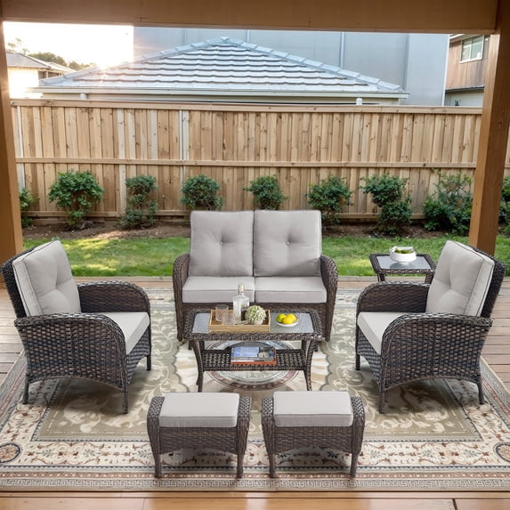 Opohoro 7-Piece Outdoor Conversation Set with Lounge Chairs, Glider Loveseat and Ottomans, Coffee & Side Tables, Brown/Beige