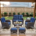 thumbnail image 1 of Opohoro 7-Piece Outdoor Conversation Set with Lounge Chairs, Glider Loveseat and Ottomans, Coffee & Side Tables, Brown/Blue, 1 of 12