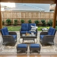 thumbnail image 1 of Opohoro 7-Piece Outdoor Conversation Set with Lounge Chairs, Patio Loveseat and Ottomans, Coffee & Side Tables, Brown/Blue, 1 of 11