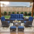 thumbnail image 1 of Opohoro 7-Piece Outdoor Conversation Set with Lounge Chairs, Patio Sofa and Ottomans, Coffee & Side Tables, Brown/Blue, 1 of 13