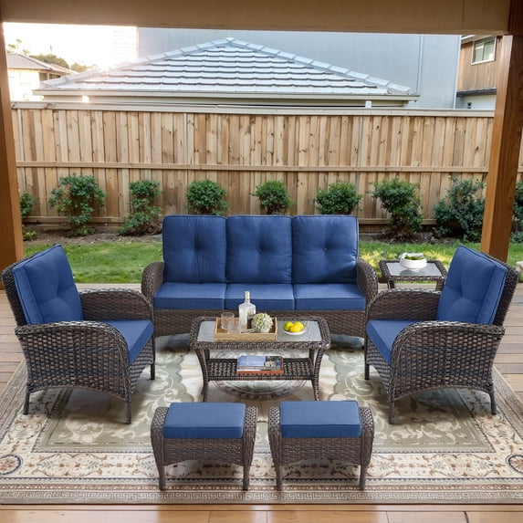 Opohoro 7-Piece Outdoor Conversation Set with Lounge Chairs, Patio Sofa and Ottomans, Coffee & Side Tables, Brown/Blue