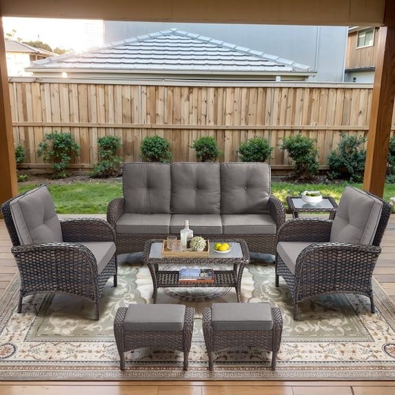 Opohoro 7-Piece Outdoor Conversation Set with Lounge Chairs, Patio Sofa and Ottomans, Coffee & Side Tables, Brown/Gray