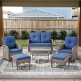 thumbnail image 1 of Opohoro 7-Piece Outdoor Conversation Set with Swivel Rocking Chairs, Glider Loveseat and Ottomans, Coffee & Side Tables, Gray/Blue, 1 of 17