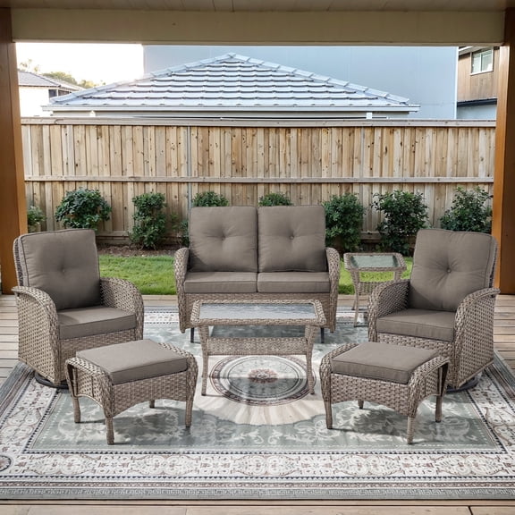Opohoro 7-Piece Outdoor Conversation Set with Swivel Rocking Chairs, Glider Loveseat and Ottomans, Coffee & Side Tables, Gray/Gray