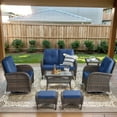 thumbnail image 1 of Opohoro 7-Piece Outdoor Conversation Set with Swivel Rocking Chairs, Patio Loveseat and Ottomans, Coffee & Side Tables, Brown/Blue, 1 of 12