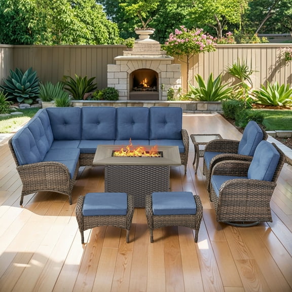 Opohoro 7-Piece Outdoor Wicker Patio Sectional Dining Set with 41" Fire Pit Table, Swivel Rocking Chairs and Ottomans, Blue