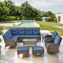 Opohoro 7-Piece Outdoor Wicker Patio Sectional Dining Set with Swivel Rocking Chairs, Table and Ottomans, Blue