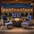 thumbnail image 1 of Opohoro 7 Pieces Outdoor Conversation Set with 43" Metal Fire Pit Table, Gray Rattan Loveseat Set with Swivel Rocker Chairs and Ottomans, Blue for Patio Backyard, 1 of 19
