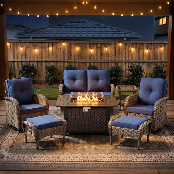Opohoro 7 Pieces Outdoor Conversation Set with 43" Metal Fire Pit Table, Gray Rattan Loveseat Set with Swivel Rocker Chairs and Ottomans, Blue for Patio Backyard