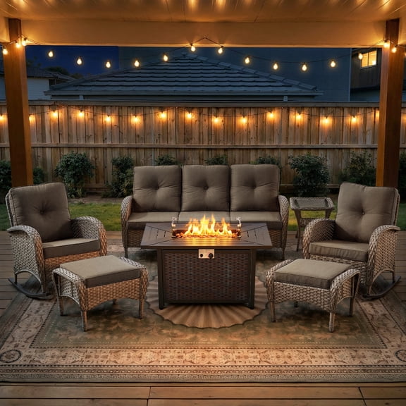 Opohoro 7 Pieces Outdoor Conversation Set with 43" Metal Fire Pit Table, Gray Rattan Sofa Set with Glider Chairs and Ottomans, Gray for Patio Backyard