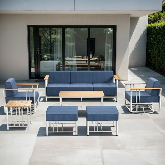 Opohoro 7-Pieces Outdoor Conversation Set with Patio Sofa, Swivel Rocking Chairs,Tables and Ottomans, Blue