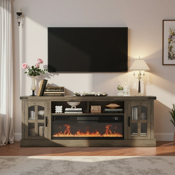 Opohoro 71" Electric Fireplace TV Stand for 80" TVs, 36" Insert with 12 Flame Colors & LED Lights, Modern Media Console with Cabinets, Oak Gray