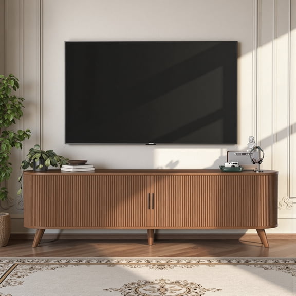 Opohoro 71" Fluted TV Stand for TVs up to 85", Sliding Doors, Adjustable Shelves, Mid-Century Media Console, Walnut