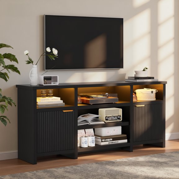 Opohoro 71" LED TV Stand for TVs up to 80", Tall Highboy Entertainment Center with Adjustable Shelves, Fluted Doors & Storage Cabinets, Black