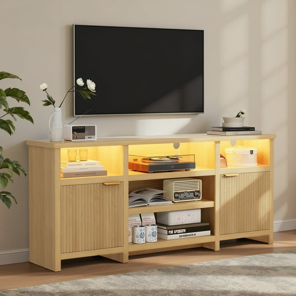 Opohoro 71" LED TV Stand for TVs up to 80", Tall Highboy Entertainment Center with Adjustable Shelves, Fluted Doors & Storage Cabinets, Yellow