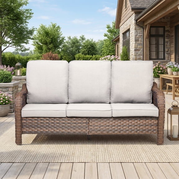 Opohoro 71" Outdoor Patio Couch with Beige Cushions, 3-Seat PE Wicker Sofa for Deck, Backyard