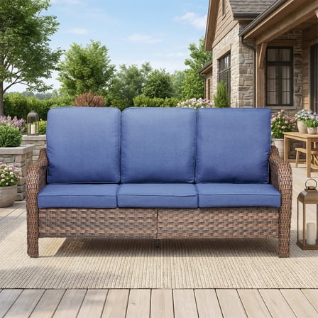 Opohoro 71" Outdoor Patio Couch with Blue Cushions, 3-Seat PE Wicker Sofa for Deck, Backyard