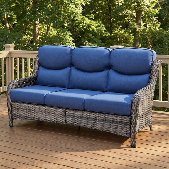 Opohoro 71" Wide Wicker 3-Seat Sofa, Weather Resistant Rattan Outdoor Furniture with Deep Seat for Patio Backyard Porch, Gray/Blue