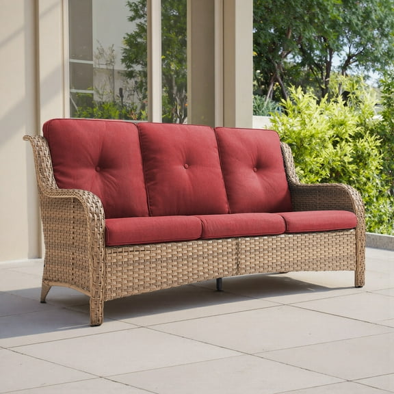 Opohoro 72" Outdoor Wicker Patio Sofa with Cushions, 3-Seat PE Rattan Couch for Porch, Yellow/Red