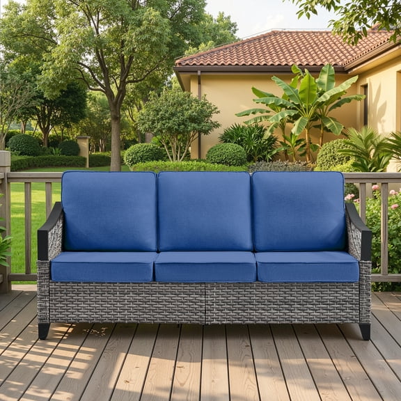 Opohoro 73.4" Outdoor Patio Wicker 3-Seat Couch, Gray PE Rattan Patio Furniture Sofa with Blue Cushions for Porch or Backyard