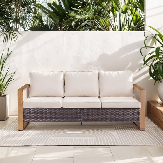 Opohoro 75" Outdoor Patio Sofa, 3-Seat PE Rattan Couch with Cushions and Rust-Resistant Frame, Brown/Beige