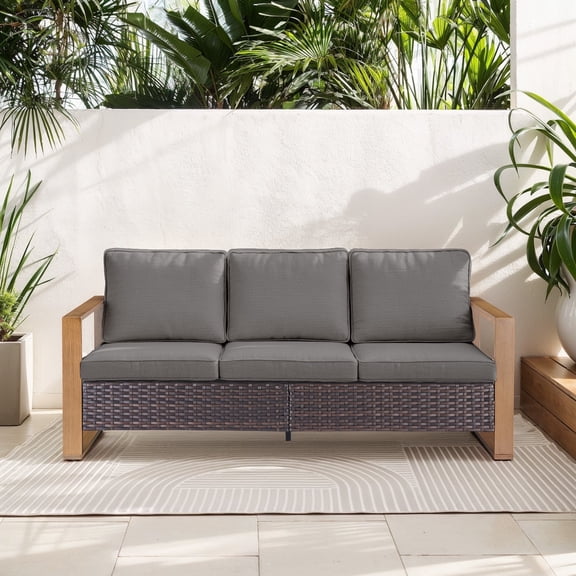 Opohoro 75" Outdoor Patio Sofa, 3-Seat PE Rattan Couch with Cushions and Rust-Resistant Frame, Brown/Gray