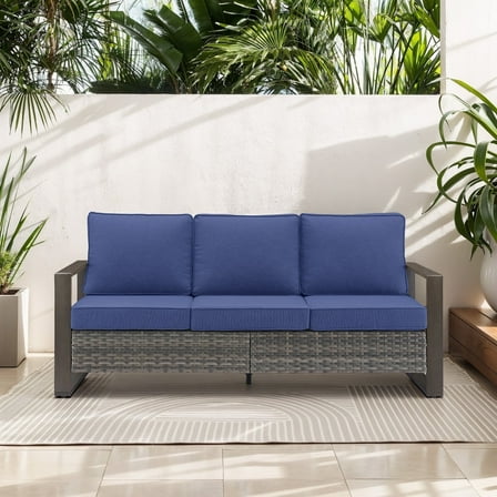 Opohoro 75" Outdoor Patio Sofa, 3-Seat PE Rattan Couch with Cushions and Rust-Resistant Frame, Gray/Blue
