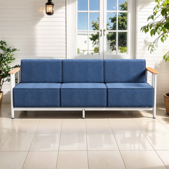Opohoro 79.1" Wide Outdoor Powder Coated Steel Patio Sofa, Deep Seating Outdoor Couch with 10" Thick Cushions, Blue