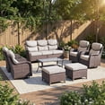 thumbnail image 1 of Opohoro 8 PCS Outdoor Patio Conversation Set, Weather Resistant Wicker Sofa Set with 4 Patio Swivel Chairs, Coffee Table and Ottomans for Deck, Backyard, Brown/Beige, 1 of 15