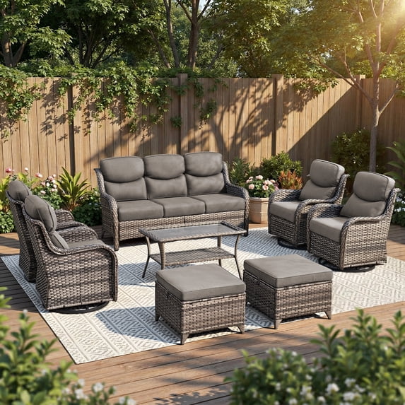 Opohoro 8 PCS Outdoor Patio Conversation Set, Weather Resistant Wicker Sofa Set with 4 Patio Swivel Chairs, Coffee Table and Ottomans for Deck, Backyard, Gray/Gray