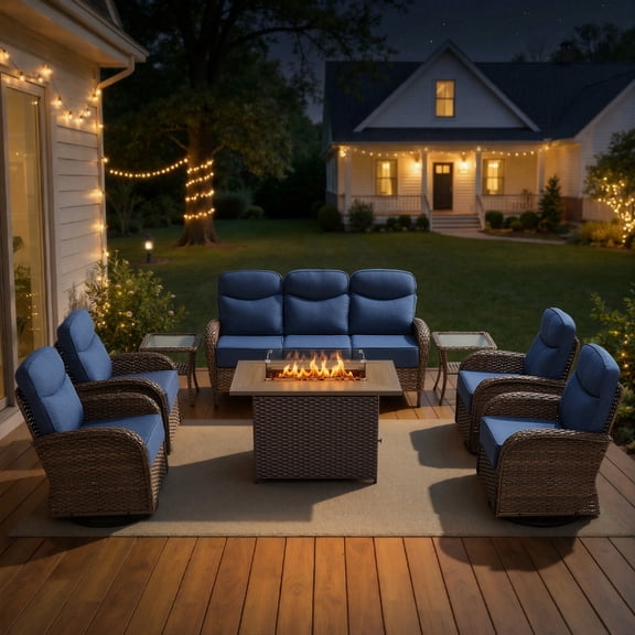 Opohoro 8-Piece Outdoor Conversation Set with 41" Wicker Fire Pit Table, Brown Rattan Sofa Set with 4 Swivel Rocker Chairs and End Tables, Blue for Patio Backyard