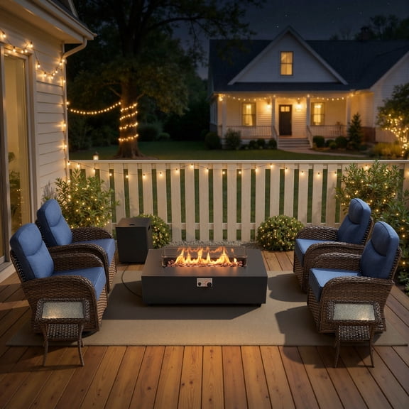 Opohoro 8-Piece Outdoor Conversation Set with 43" Fire Pit Table, Patio Fire Pit Set with Propane Tank Cover, 4 Swivel Rocker Chairs and End Tables for Deck Backyard