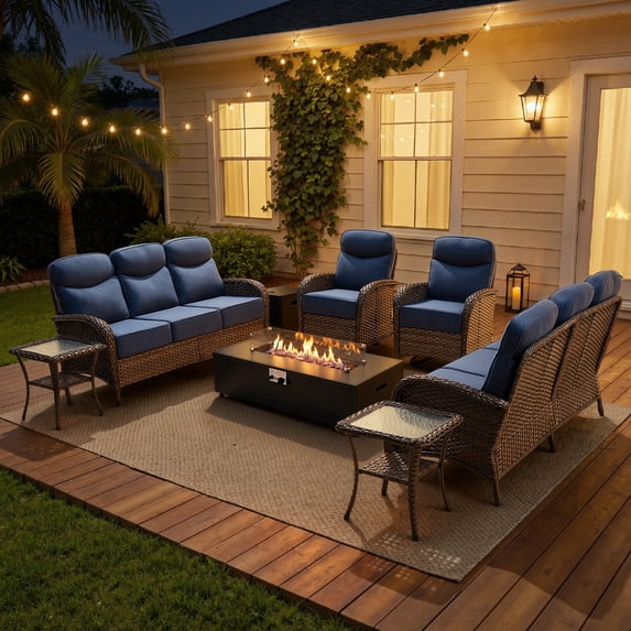 Opohoro 8-Piece Outdoor Conversation Set with 43" Fire Pit Table, Patio Fire Pit Set with Propane Tank Cover, Swivel Rocker Chairs and End Tables for Deck Backyard