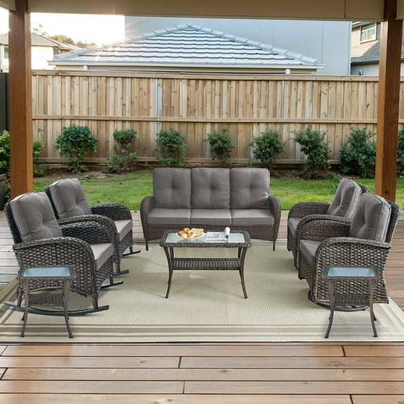 Opohoro 8-Piece Outdoor Conversation Set with Swivel Rocking Chairs, Glider Chairs, Patio Sofa, Coffee & Side Tables, Brown/Gray