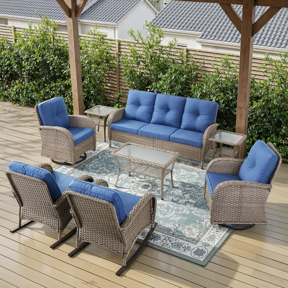 Opohoro 8-Piece Outdoor Conversation Set with Swivel Rocking Chairs, Glider Chairs, Patio Sofa, Coffee & Side Tables, Gray/Blue
