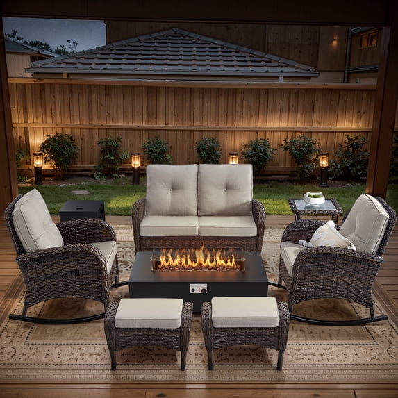 Opohoro 8-Piece Outdoor Patio Fire Pit Set with Gliding Loveseat and Flat Arm, 43" Fire Pit Table, Propane Tank Cover for Deck Backyard