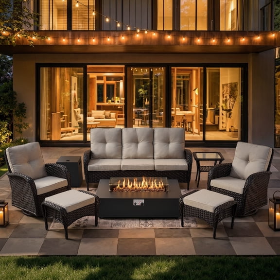 Opohoro 8-Piece Outdoor Patio Fire Pit Set with Sofa and Flat Arm, 43" Fire Pit Table, Propane Tank Cover for Deck Backyard