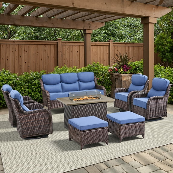 Opohoro 8 Pieces Outdoor Conversation Set with 41" Rectangular Fire Pit Table, Brown Rattan Sofa Set with 4 Swivel Rocker Chairs and Ottomans, Blue for Patio Backyard Deck