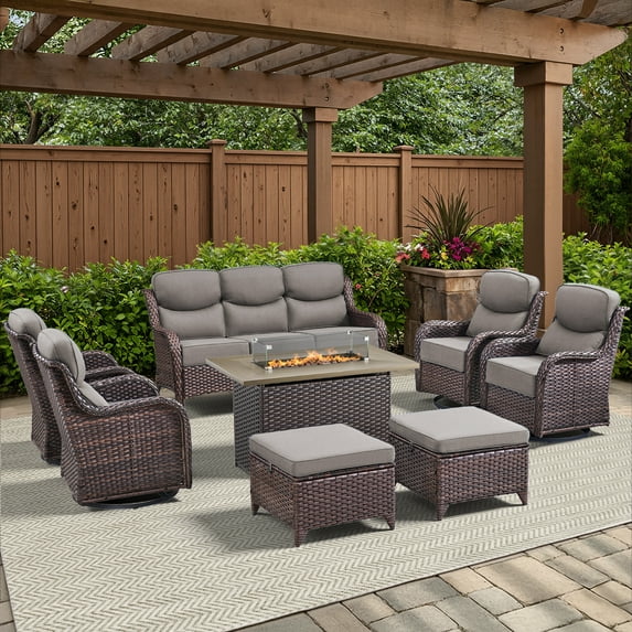 Opohoro 8 Pieces Outdoor Conversation Set with 41" Rectangular Fire Pit Table, Brown Rattan Sofa Set with 4 Swivel Rocker Chairs and Ottomans, Gray for Patio Backyard Deck