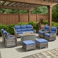 thumbnail image 1 of Opohoro 8 Pieces Outdoor Conversation Set with 41" Rectangular Fire Pit Table, Gray Rattan Sofa Set with 4 Swivel Rocker Chairs and Ottomans, Blue for Patio Backyard Deck, 1 of 15