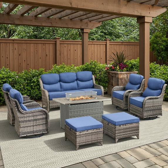 Opohoro 8 Pieces Outdoor Conversation Set with 41" Rectangular Fire Pit Table, Gray Rattan Sofa Set with 4 Swivel Rocker Chairs and Ottomans, Blue for Patio Backyard Deck
