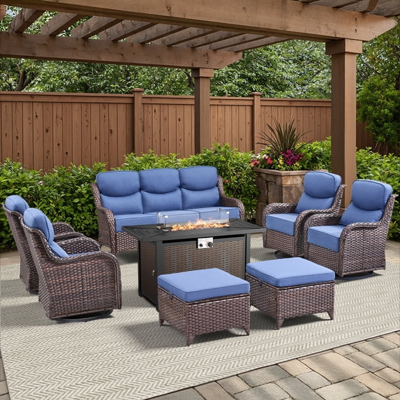 Opohoro 8 Pieces Outdoor Conversation Set with 43" Rectangular Fire Pit Table, Brown Rattan Sofa Set with 4 Swivel Rocker Chairs and Ottomans, Blue for Patio Backyard Deck